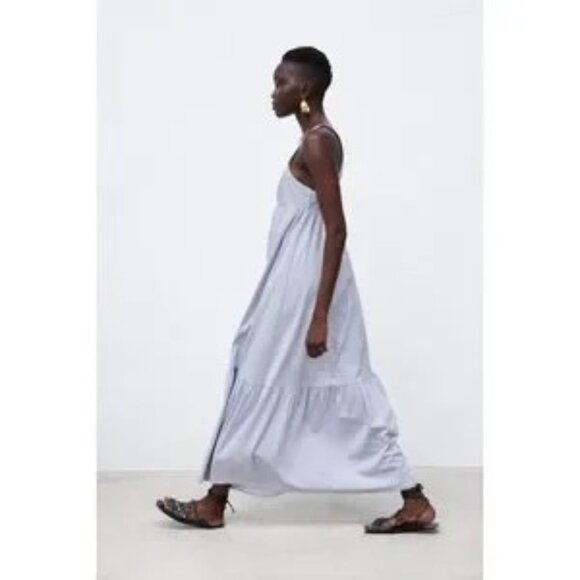Zara Women's Strappy 100% Cotton Maxi Dress Gathered Front Light Blue Size S - Picture 8 of 16